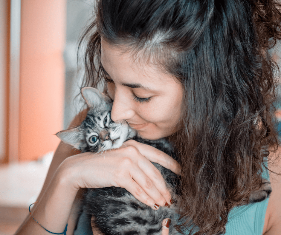 Woman holding gray tabby kitten